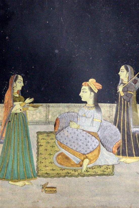 Indian School Study of a nobleman on horseback; a couple riding a camel and figures on a terrace at night largest 12.5 x 9.25in.